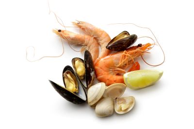 Various seafood items like shrimp, mussels, etc.